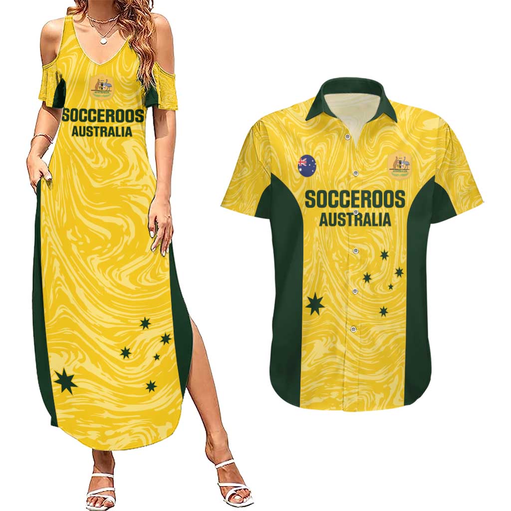 Custom Australia Socceroos Couples Matching Summer Maxi Dress and Hawaiian Shirt Go Aussie Marble Pattern Sporty Style
