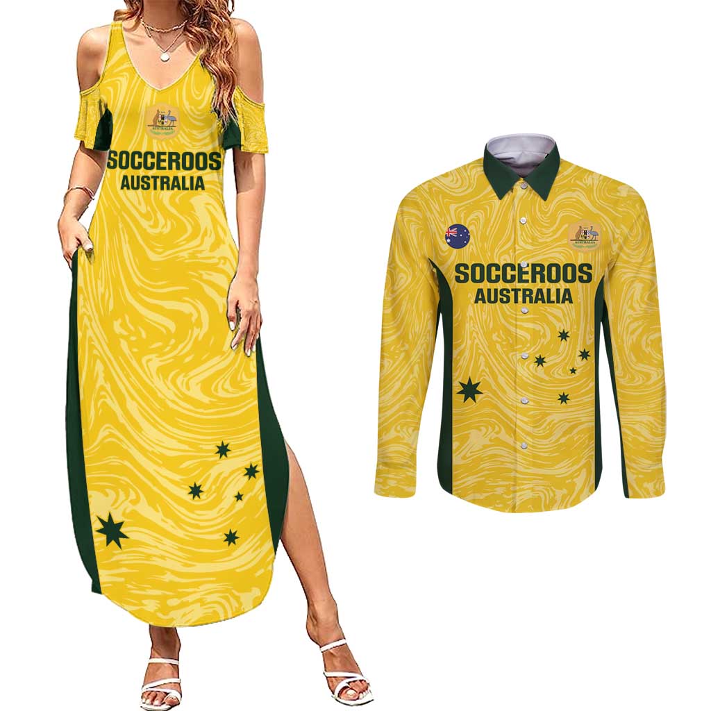 Custom Australia Socceroos Couples Matching Summer Maxi Dress and Long Sleeve Button Shirt Go Aussie Marble Pattern Sporty Style