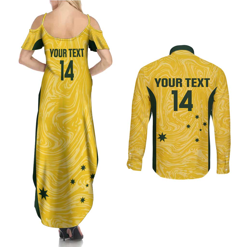 Custom Australia Socceroos Couples Matching Summer Maxi Dress and Long Sleeve Button Shirt Go Aussie Marble Pattern Sporty Style
