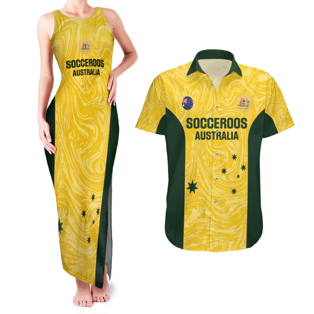 Custom Australia Socceroos Couples Matching Tank Maxi Dress and Hawaiian Shirt Go Aussie Marble Pattern Sporty Style