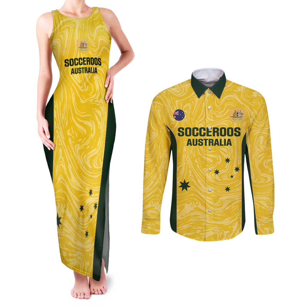 Custom Australia Socceroos Couples Matching Tank Maxi Dress and Long Sleeve Button Shirt Go Aussie Marble Pattern Sporty Style