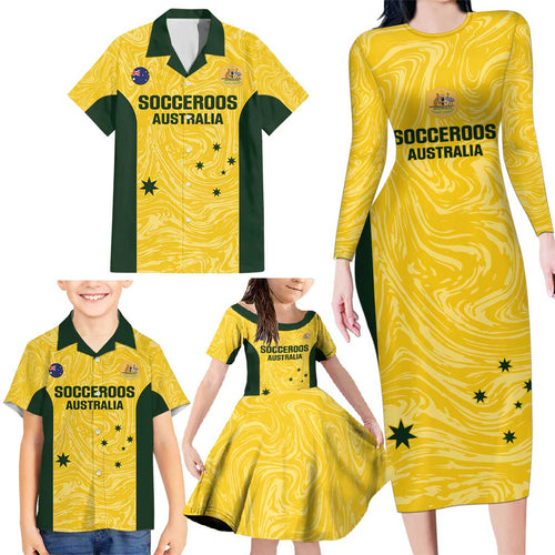 Custom Australia Socceroos Family Matching Long Sleeve Bodycon Dress and Hawaiian Shirt Go Aussie Marble Pattern Sporty Style