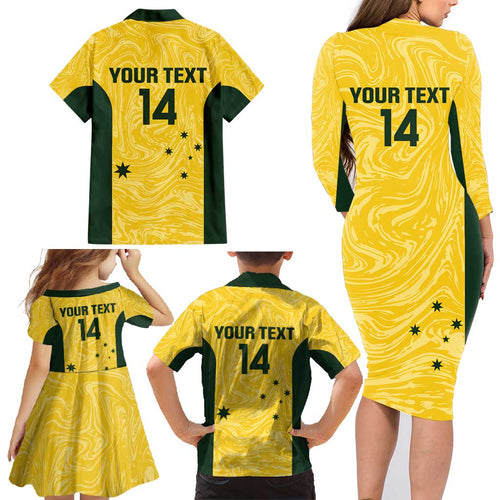 Custom Australia Socceroos Family Matching Long Sleeve Bodycon Dress and Hawaiian Shirt Go Aussie Marble Pattern Sporty Style