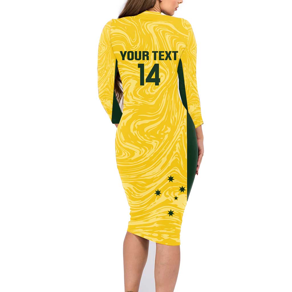 Custom Australia Socceroos Family Matching Long Sleeve Bodycon Dress and Hawaiian Shirt Go Aussie Marble Pattern Sporty Style