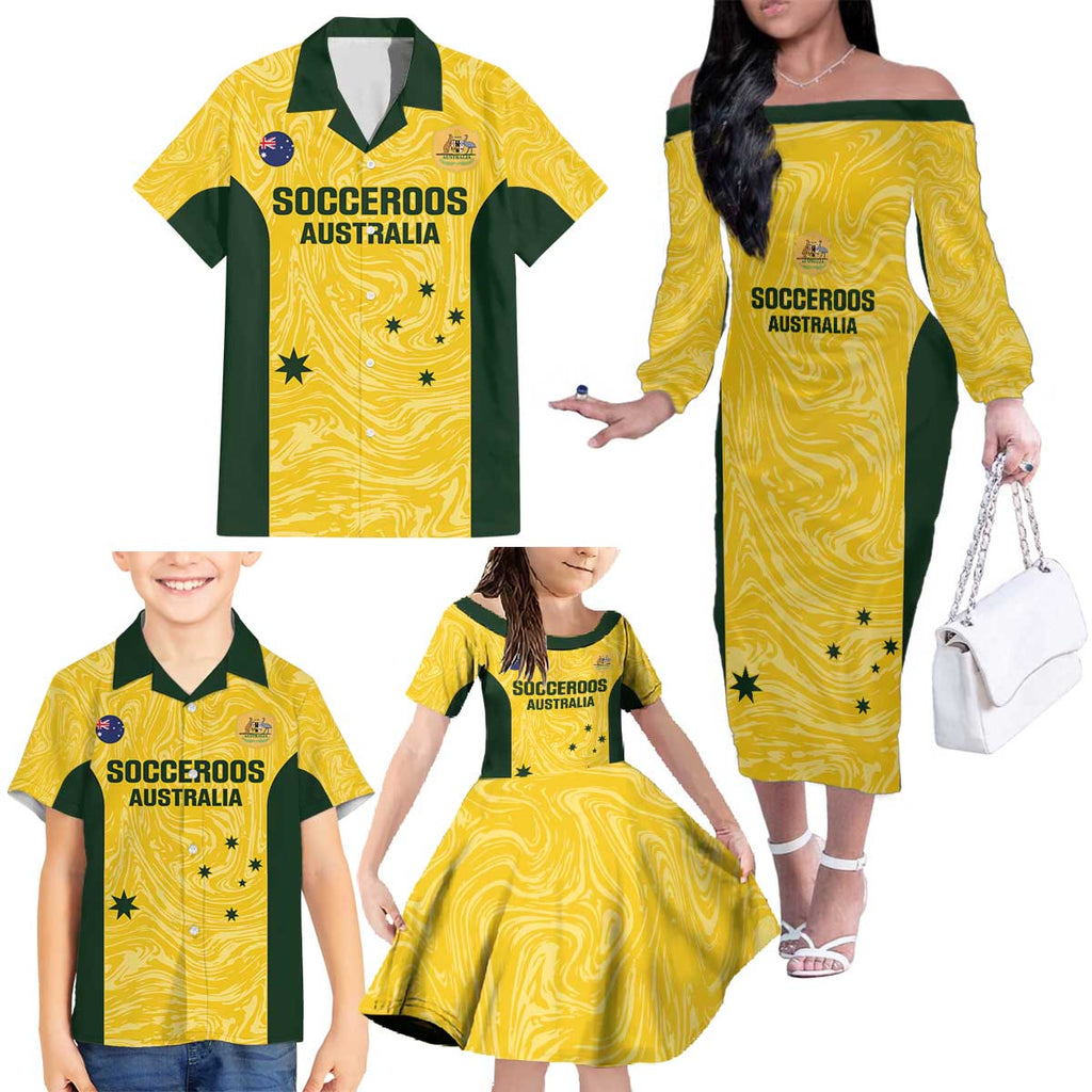 Custom Australia Socceroos Family Matching Off The Shoulder Long Sleeve Dress and Hawaiian Shirt Go Aussie Marble Pattern Sporty Style