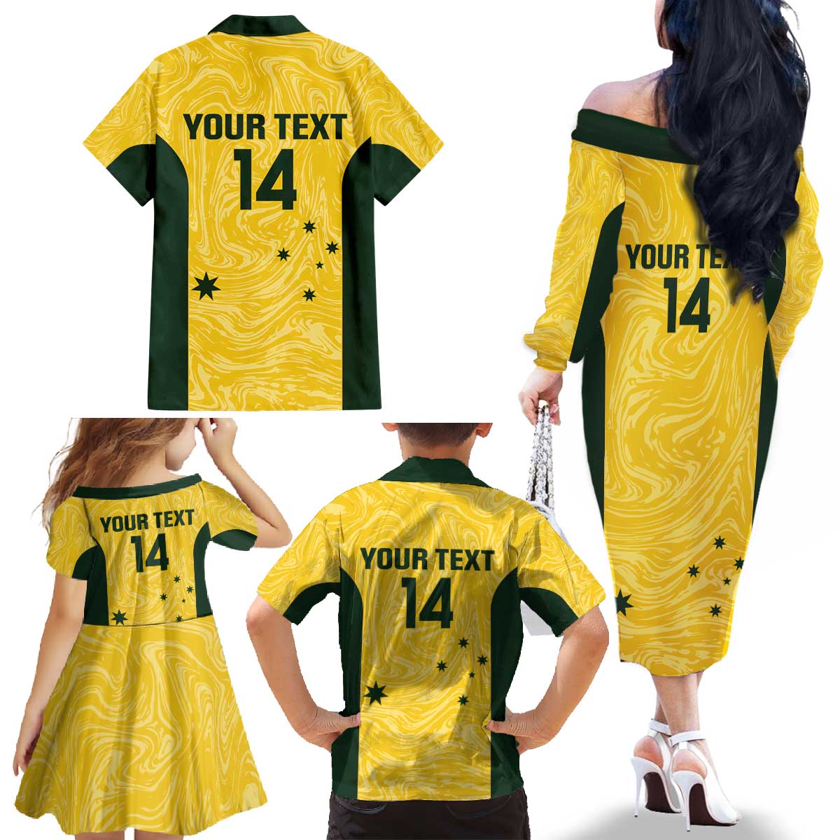 Custom Australia Socceroos Family Matching Off The Shoulder Long Sleeve Dress and Hawaiian Shirt Go Aussie Marble Pattern Sporty Style