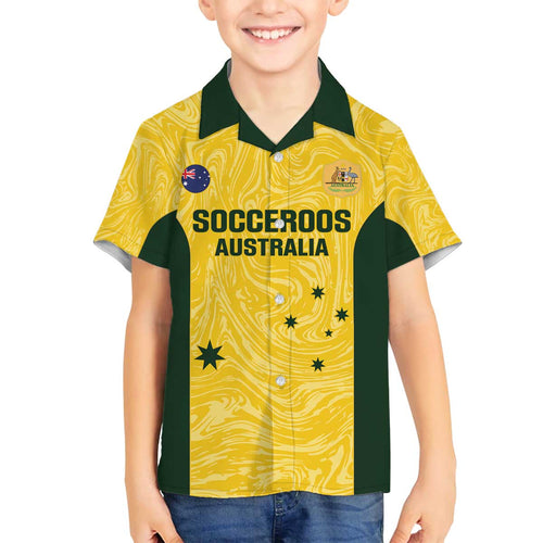 Custom Australia Socceroos Family Matching Off The Shoulder Long Sleeve Dress and Hawaiian Shirt Go Aussie Marble Pattern Sporty Style