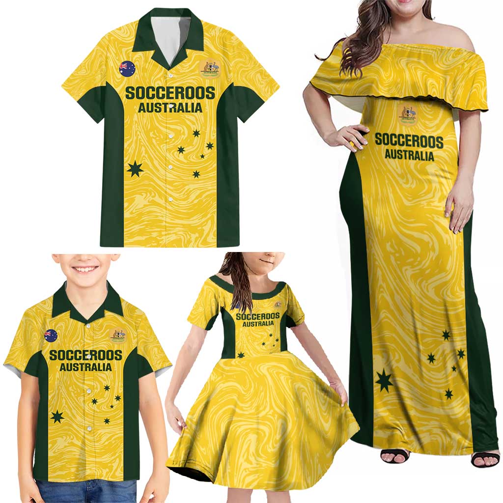 Custom Australia Socceroos Family Matching Off Shoulder Maxi Dress and Hawaiian Shirt Go Aussie Marble Pattern Sporty Style
