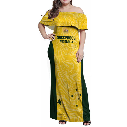 Custom Australia Socceroos Family Matching Off Shoulder Maxi Dress and Hawaiian Shirt Go Aussie Marble Pattern Sporty Style