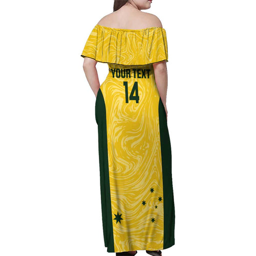 Custom Australia Socceroos Family Matching Off Shoulder Maxi Dress and Hawaiian Shirt Go Aussie Marble Pattern Sporty Style