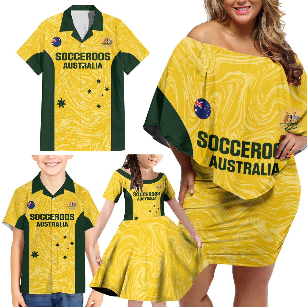 Custom Australia Socceroos Family Matching Off Shoulder Short Dress and Hawaiian Shirt Go Aussie Marble Pattern Sporty Style