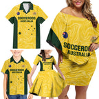 Custom Australia Socceroos Family Matching Off Shoulder Short Dress and Hawaiian Shirt Go Aussie Marble Pattern Sporty Style