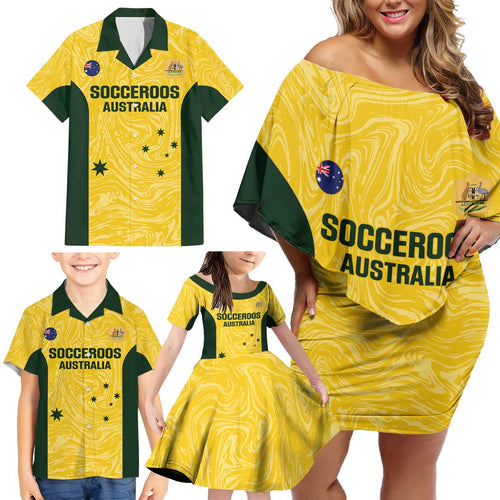 Custom Australia Socceroos Family Matching Off Shoulder Short Dress and Hawaiian Shirt Go Aussie Marble Pattern Sporty Style