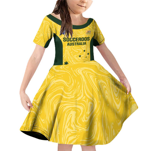 Custom Australia Socceroos Family Matching Off Shoulder Short Dress and Hawaiian Shirt Go Aussie Marble Pattern Sporty Style