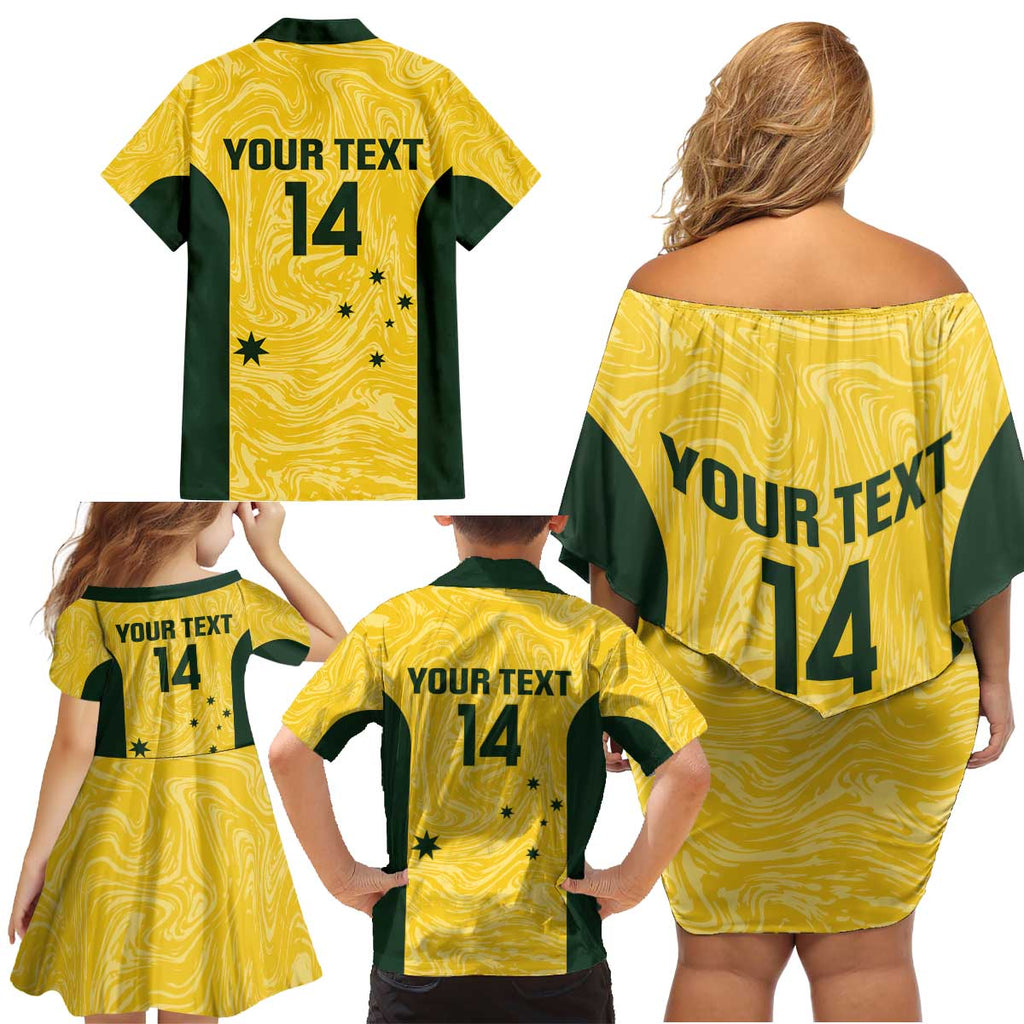 Custom Australia Socceroos Family Matching Off Shoulder Short Dress and Hawaiian Shirt Go Aussie Marble Pattern Sporty Style