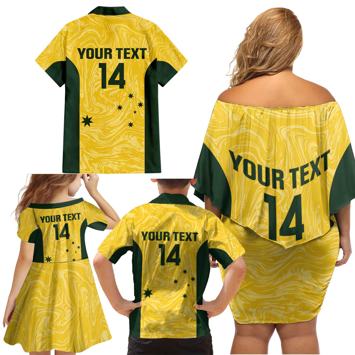 Custom Australia Socceroos Family Matching Off Shoulder Short Dress and Hawaiian Shirt Go Aussie Marble Pattern Sporty Style