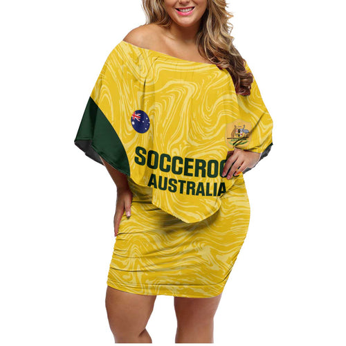 Custom Australia Socceroos Family Matching Off Shoulder Short Dress and Hawaiian Shirt Go Aussie Marble Pattern Sporty Style
