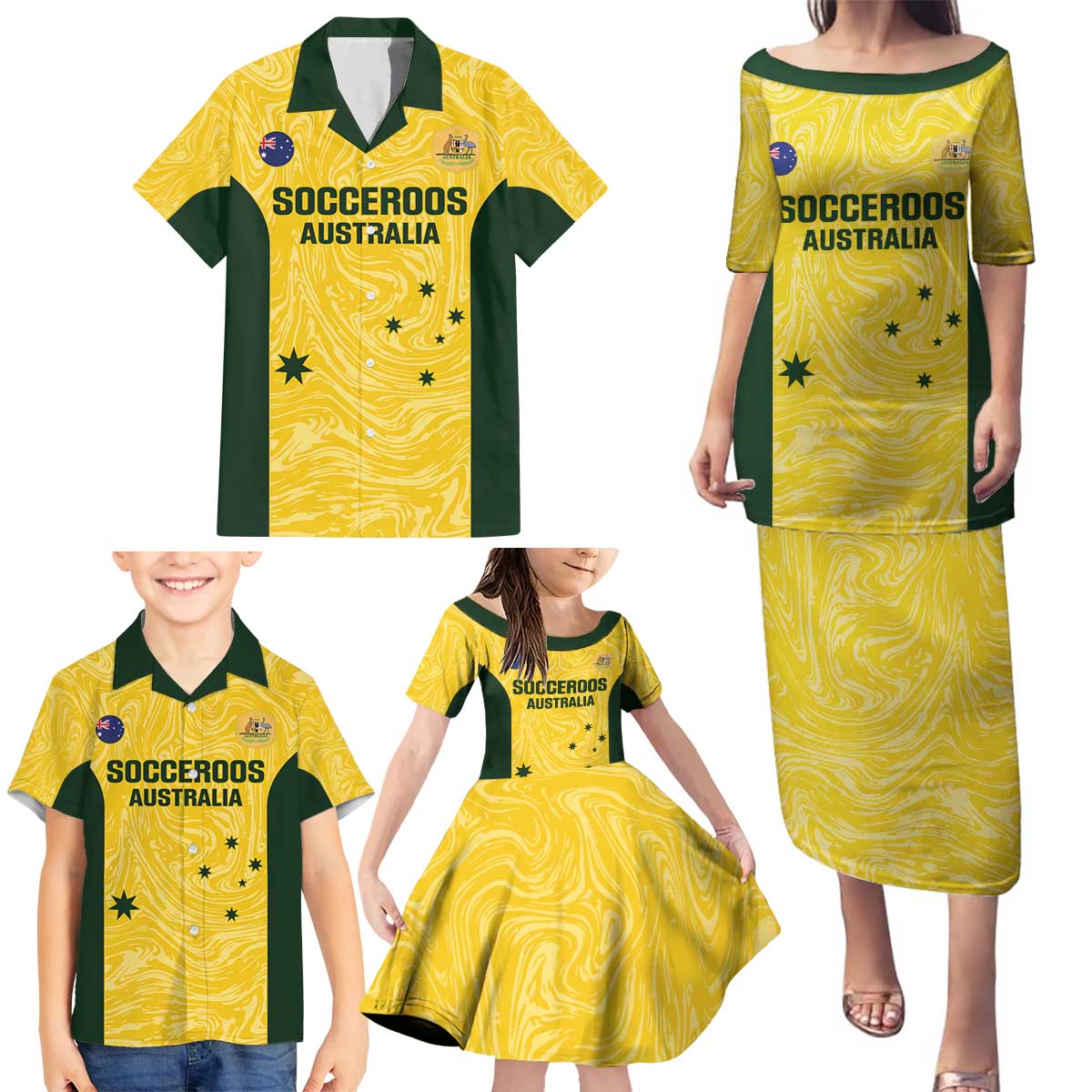Custom Australia Socceroos Family Matching Puletasi and Hawaiian Shirt Go Aussie Marble Pattern Sporty Style
