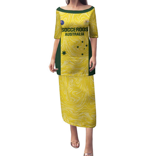 Custom Australia Socceroos Family Matching Puletasi and Hawaiian Shirt Go Aussie Marble Pattern Sporty Style