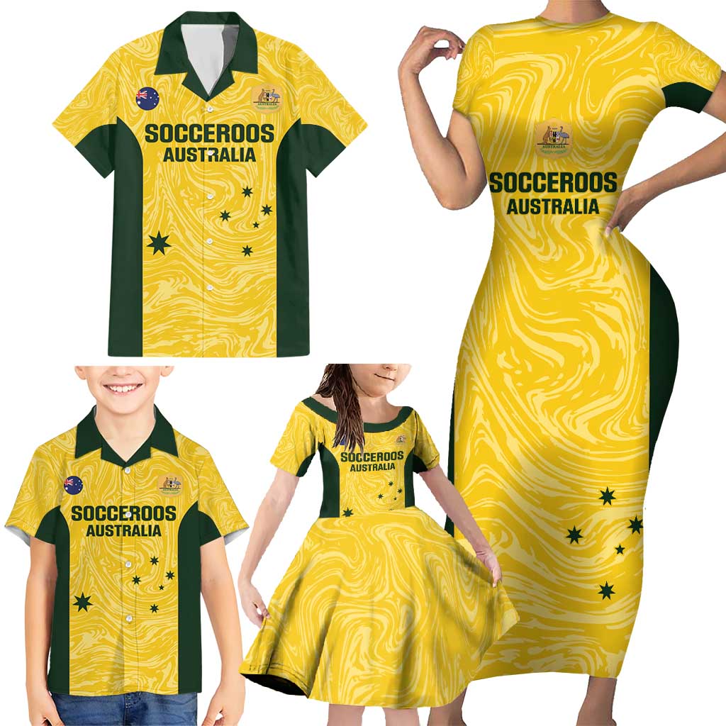 Custom Australia Socceroos Family Matching Short Sleeve Bodycon Dress and Hawaiian Shirt Go Aussie Marble Pattern Sporty Style