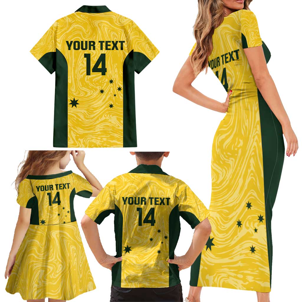Custom Australia Socceroos Family Matching Short Sleeve Bodycon Dress and Hawaiian Shirt Go Aussie Marble Pattern Sporty Style