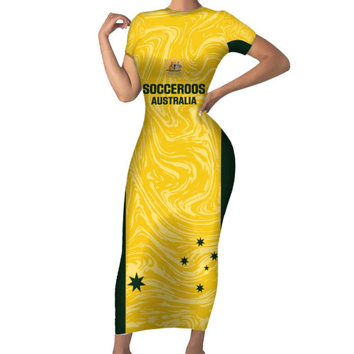 Custom Australia Socceroos Family Matching Short Sleeve Bodycon Dress and Hawaiian Shirt Go Aussie Marble Pattern Sporty Style
