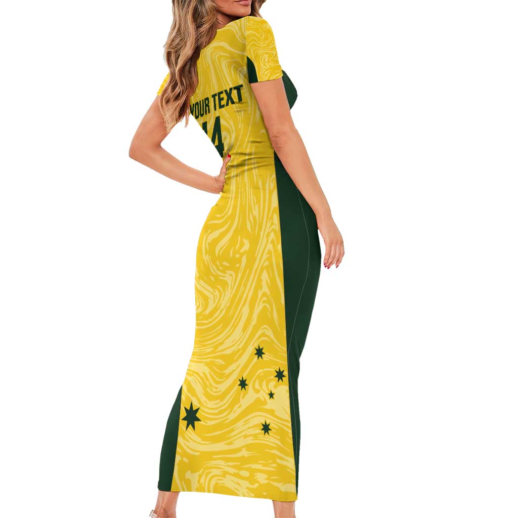 Custom Australia Socceroos Family Matching Short Sleeve Bodycon Dress and Hawaiian Shirt Go Aussie Marble Pattern Sporty Style