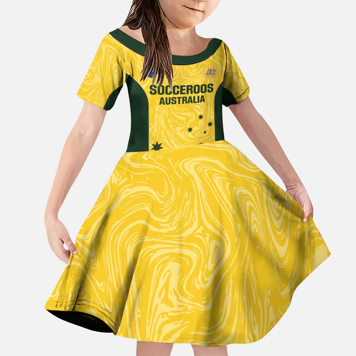 Custom Australia Socceroos Kid Short Sleeve Dress Go Aussie Marble Pattern Sporty Style