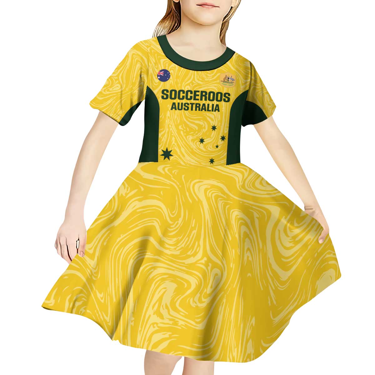 Custom Australia Socceroos Kid Short Sleeve Dress Go Aussie Marble Pattern Sporty Style