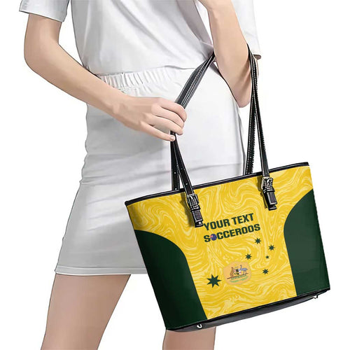 Custom Australia Socceroos Leather Tote Bag Go Aussie Marble Pattern Sporty Style