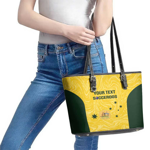 Custom Australia Socceroos Leather Tote Bag Go Aussie Marble Pattern Sporty Style