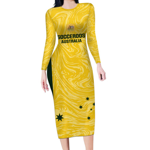 Custom Australia Socceroos Long Sleeve Bodycon Dress Go Aussie Marble Pattern Sporty Style