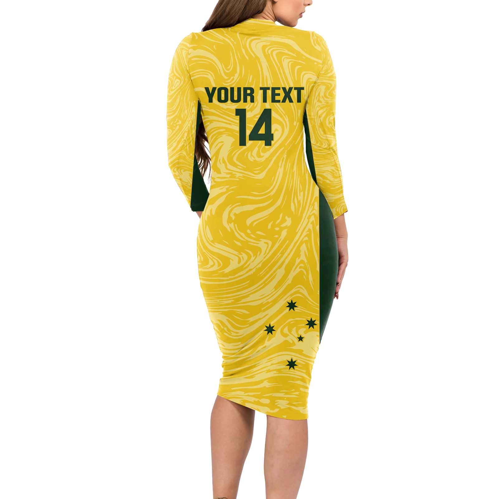Custom Australia Socceroos Long Sleeve Bodycon Dress Go Aussie Marble Pattern Sporty Style