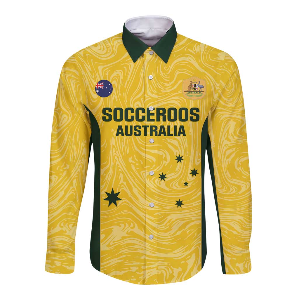 Custom Australia Socceroos Long Sleeve Button Shirt Go Aussie Marble Pattern Sporty Style