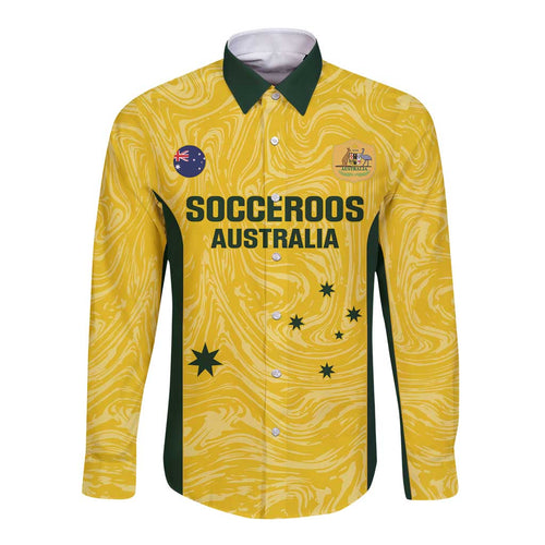 Custom Australia Socceroos Long Sleeve Button Shirt Go Aussie Marble Pattern Sporty Style