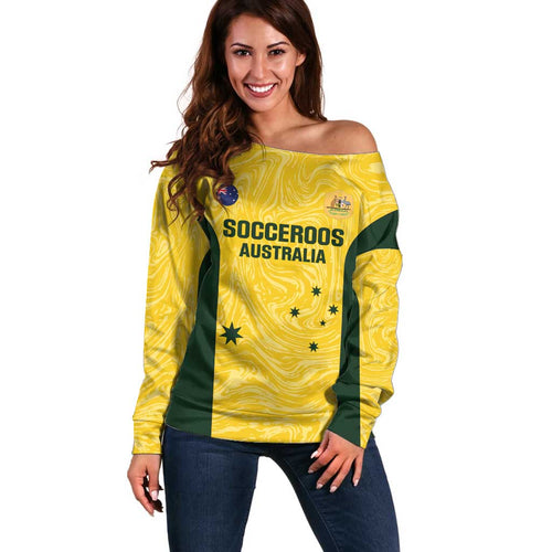 Custom Australia Socceroos Off Shoulder Sweater Go Aussie Marble Pattern Sporty Style
