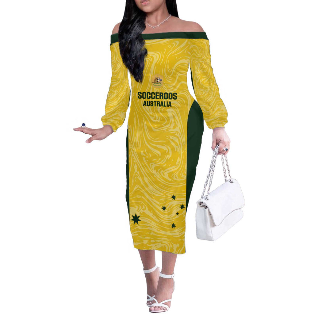 Custom Australia Socceroos Off The Shoulder Long Sleeve Dress Go Aussie Marble Pattern Sporty Style