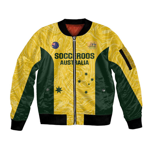 Custom Australia Socceroos Sleeve Zip Bomber Jacket Go Aussie Marble Pattern Sporty Style
