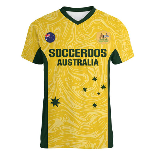 Custom Australia Socceroos Women V-Neck T-Shirt Go Aussie Marble Pattern Sporty Style