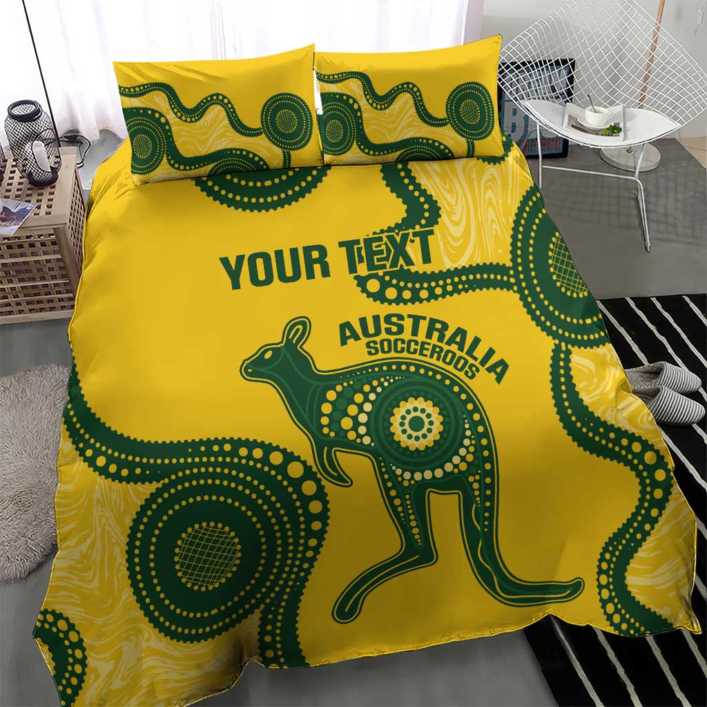 Custom Australia Soccer Bedding Set Go Socceroos Kangaroo With Indigenous Art