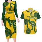 Custom Australia Soccer Couples Matching Long Sleeve Bodycon Dress and Hawaiian Shirt Go Socceroos Kangaroo With Indigenous Art