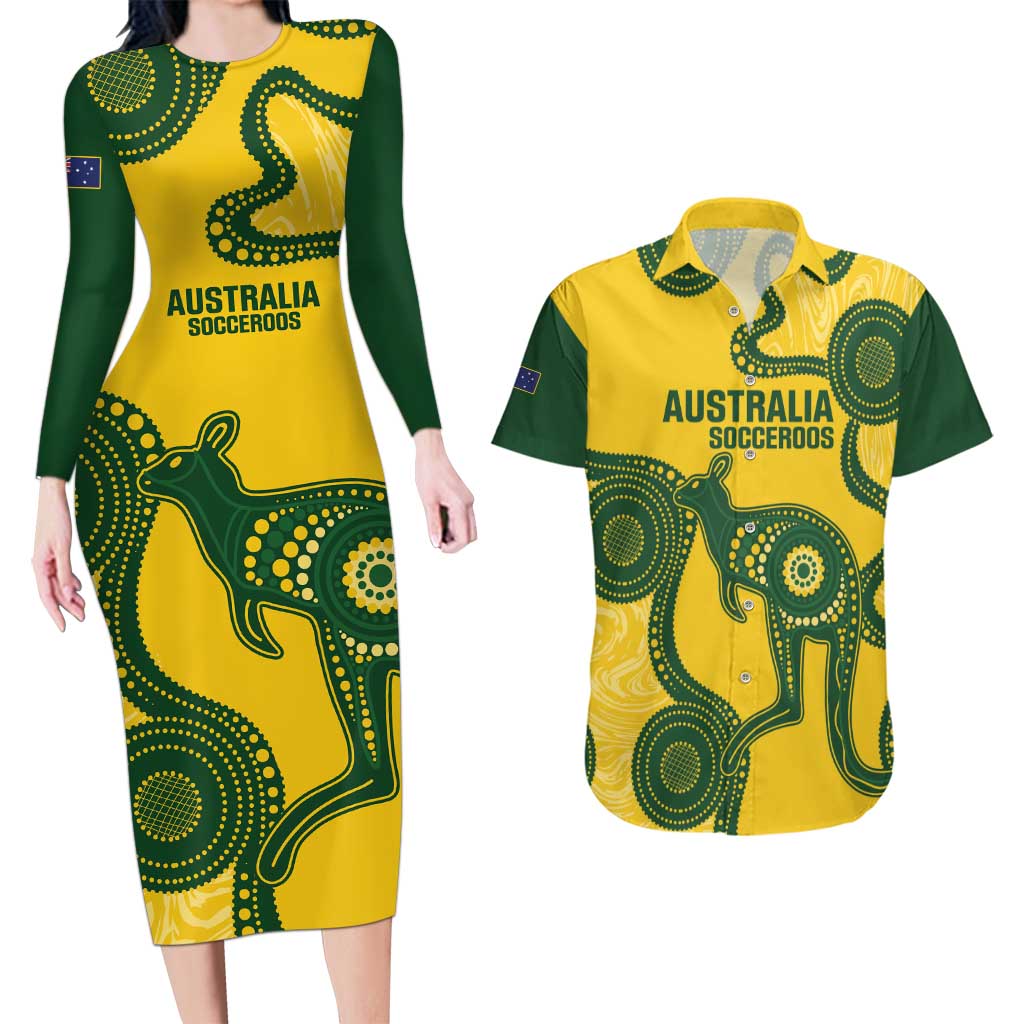 Custom Australia Soccer Couples Matching Long Sleeve Bodycon Dress and Hawaiian Shirt Go Socceroos Kangaroo With Indigenous Art