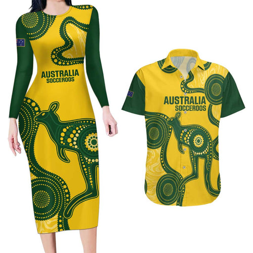 Custom Australia Soccer Couples Matching Long Sleeve Bodycon Dress and Hawaiian Shirt Go Socceroos Kangaroo With Indigenous Art