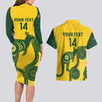 Custom Australia Soccer Couples Matching Long Sleeve Bodycon Dress and Hawaiian Shirt Go Socceroos Kangaroo With Indigenous Art