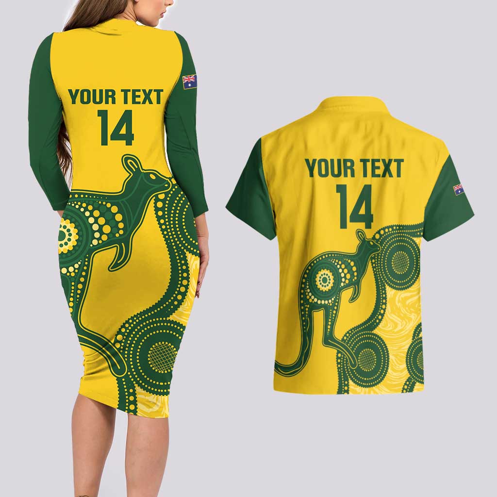 Custom Australia Soccer Couples Matching Long Sleeve Bodycon Dress and Hawaiian Shirt Go Socceroos Kangaroo With Indigenous Art