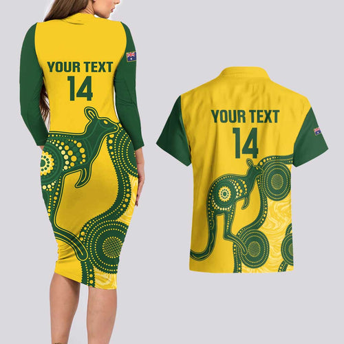 Custom Australia Soccer Couples Matching Long Sleeve Bodycon Dress and Hawaiian Shirt Go Socceroos Kangaroo With Indigenous Art