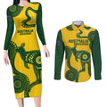 Custom Australia Soccer Couples Matching Long Sleeve Bodycon Dress and Long Sleeve Button Shirt Go Socceroos Kangaroo With Indigenous Art