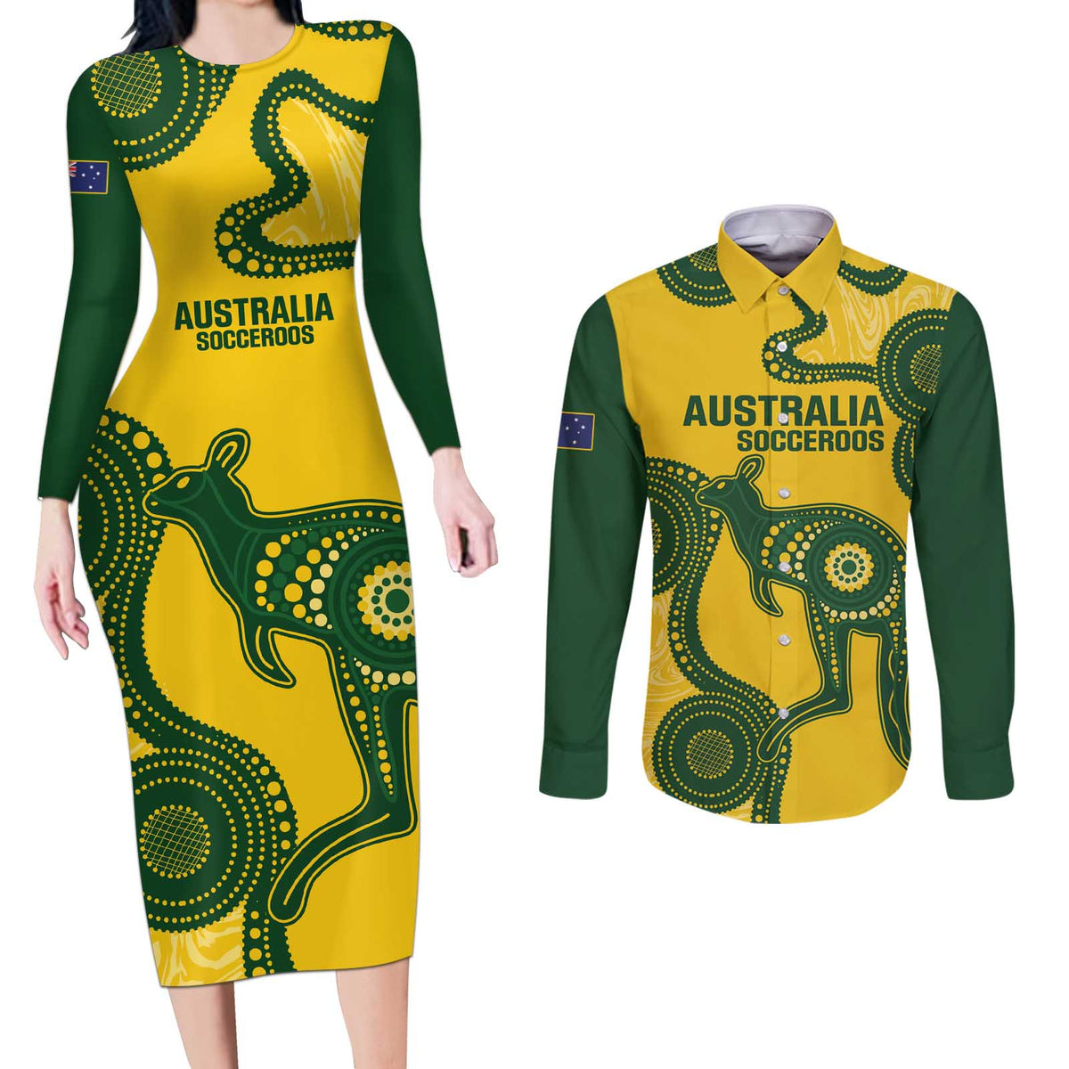 Custom Australia Soccer Couples Matching Long Sleeve Bodycon Dress and Long Sleeve Button Shirt Go Socceroos Kangaroo With Indigenous Art