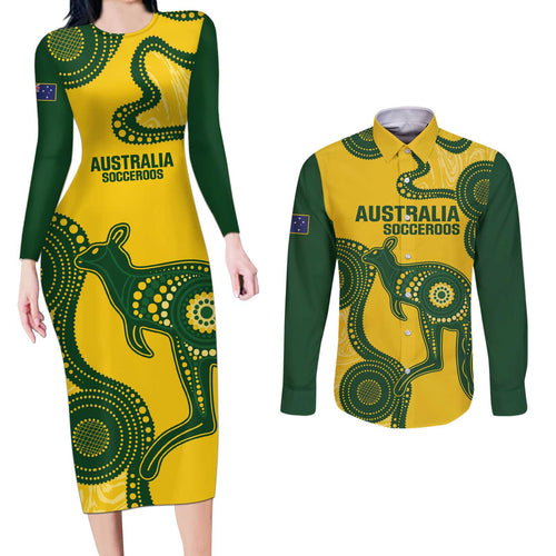 Custom Australia Soccer Couples Matching Long Sleeve Bodycon Dress and Long Sleeve Button Shirt Go Socceroos Kangaroo With Indigenous Art