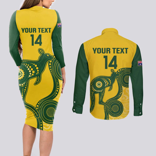 Custom Australia Soccer Couples Matching Long Sleeve Bodycon Dress and Long Sleeve Button Shirt Go Socceroos Kangaroo With Indigenous Art